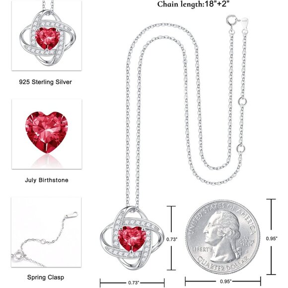 Women's Gemstone Sterling Natural Silver Red Love Knot Birthstone Necklace - Picture 3 of 7